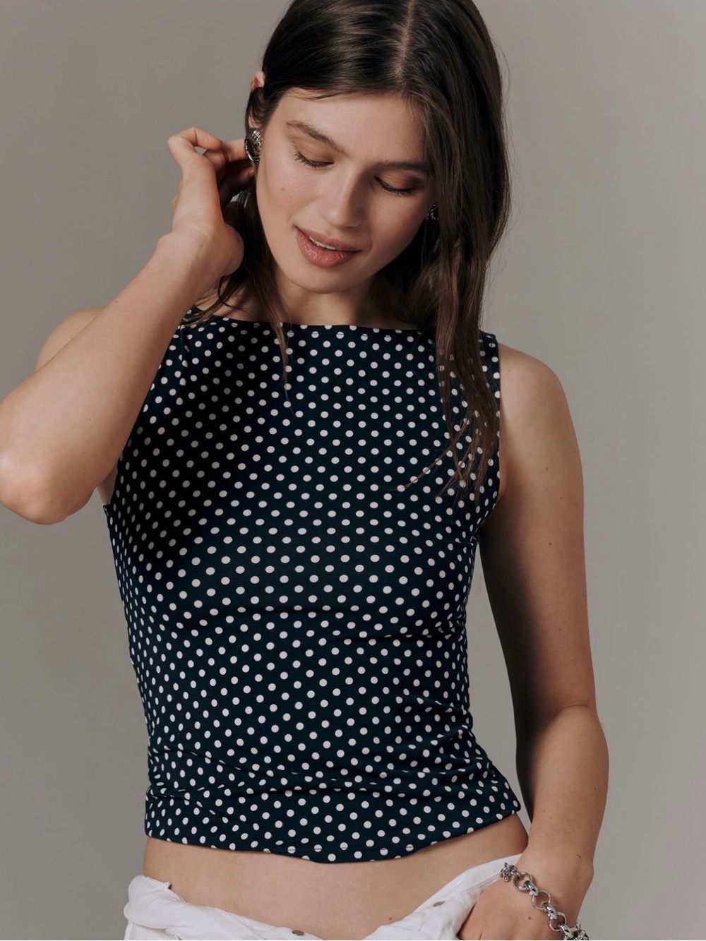 Reformation Navy and White Polka Dot Top